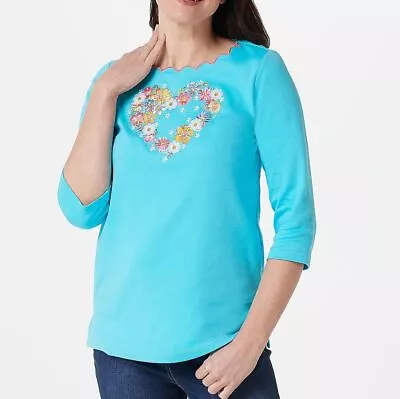 Quacker Factory Size 3X Turquoise Blooming Heart 3/4 Sleeve Scallop Trim T-Shirt • $22.99