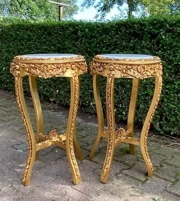 Pair Of French Louis XVI Side Tables In Gold Beech With White Italian Marble Top • $1250