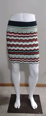 M Missoni Mini Skirt Size 40 Small 4 Green Pink Chevron Pull On Spring Lined  • $31.49