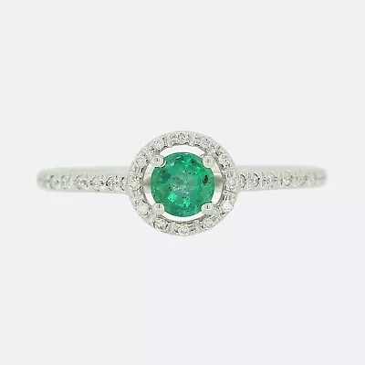 Emerald And Diamond Halo Ring 18ct White Gold • £825