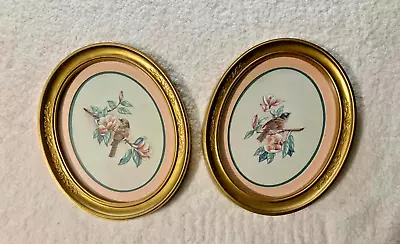 Two Oval Gold Framed Bird Prints * Vintage Wall Decor * Birds On Branches • $22