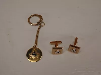 VTG Mason Masonic Cufflinks Cuff Links And Keychain Fob Mid Century Mod Set • $20