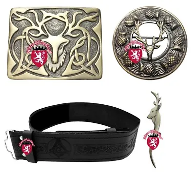 Highland Kilt Belt Buckle Masonic Embossed Scottish Kilts Pin & Brooch Stag Head • £26.99