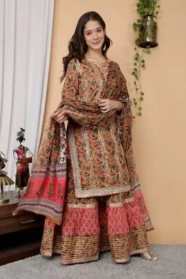 Indian Pakistani Designer Kurti Palazzo Sharara Dupatta Floral Salwar Kameez Set • $68.19