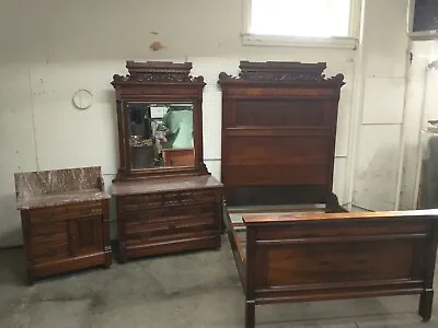 VICTORIAN WALNUT 3 PIECE MARBLE TOP BEDROOM SET Original Finish And Hardware • $7895