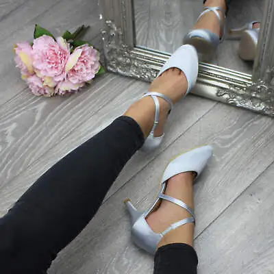 Womens Ladies Mid Heel Cross Straps Bridal Party Evening Shoes Sandals Size • £28.99