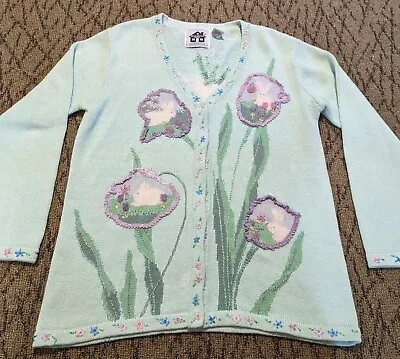 Storybook Knits Women's Med Blooming Bunnies Button Up Sweater Easter Spring • $50