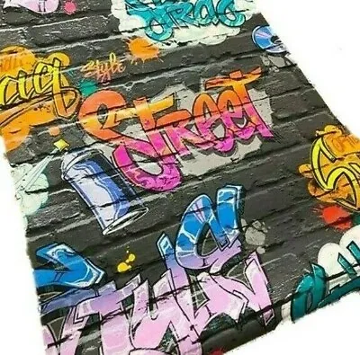 Graffiti Black Brick Wall Wallpaper Muriva  Cartoon Faux Childrens Teens L17901 • £8.49