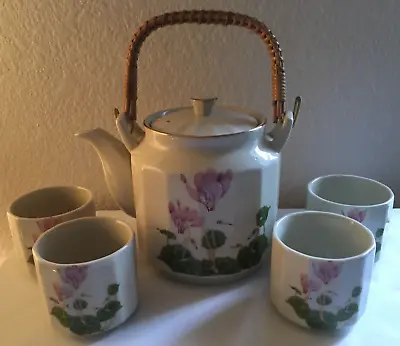 Vintage Pink Cyclamen Flower By Otagiri Teapot & 4 Tea Cups Set • $39.95