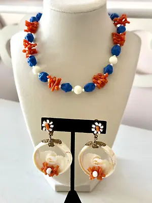 Vintage Signed Miriam Haskell Orange Blue White Necklace + Shell Earrings • £57.87