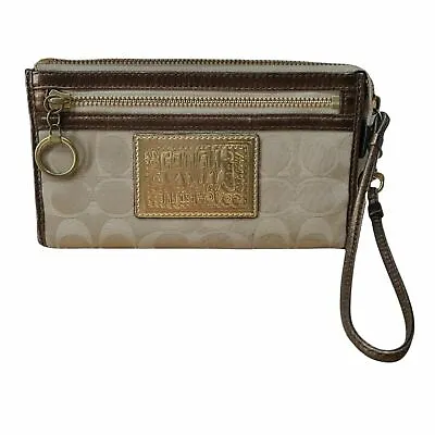 COACH POPPY Signature Wristlet Khaki Gold With Bronze Leather Trim Pockets • $26.99