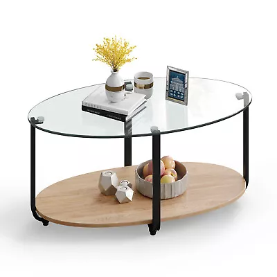 Glass-Top Coffee Table 2-Tier Modern Oval Side Sofa Table W/ Storage Shelf • $94.99