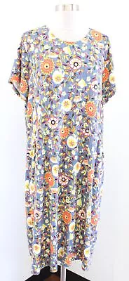 J Jill Blue Colorful Floral Print Knit Short Sleeve Casual Shift Dress Size L • $24.99