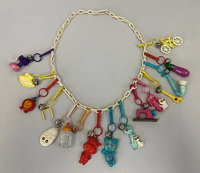 Vintage 80s Plastic Clip On Bell Charm Necklace 15 Charms White Chain READ • $95.99