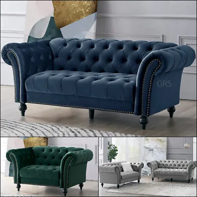 Curved Chesterfield Sofa Velvet Fabric Couch Suite Set Luxury Settee Studded New • £499.99