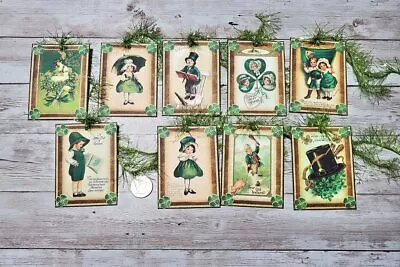 9~St Patrick's Day~Vintage~Ireland~Clovers~Linen Cardstock~Gift~Hang~Tags • £9.64