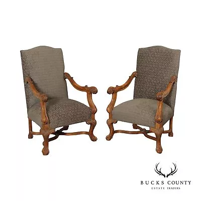 French Renai. Revival Style Quality Pair Of Carved And Upholstered Armchairs • $1895