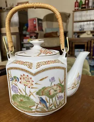 Vintage Japanese Ornate Teapot- Bird/Lotus Decor -Bamboo Handle- Hexagonal Shape • £16.50