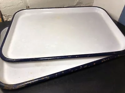 Vintage White Enamelware Farmhouse Or Medical Tray Blue Trim • $24.95