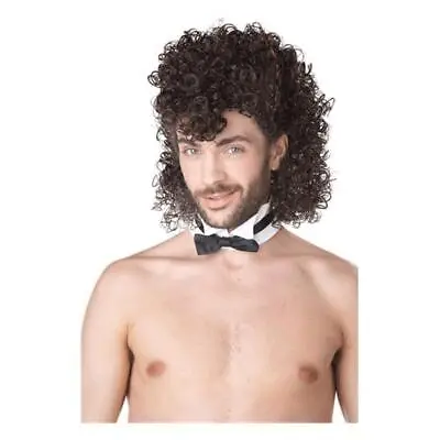 Mens 80s Male Stripper Gigolo Mullet Curls Wig Brown Fancy Dress Accessory • £21.99