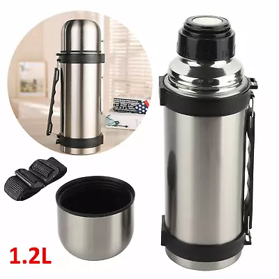 Large 1.2L STAINLESS STEEL FLASK HOT COLD TEA DRINK THERMOS VACUUM BOTTLE HANDLE • £12.99