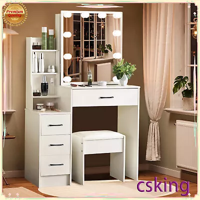 Makeup Vanity Table Stool Set With 10 Led Lighted Mirror & 4 Drawers White • $173.78