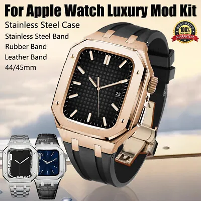 Stainless Steel Case Rubber Strap For Apple Watch Bands 8 7 6 5 44/45mm Mod Kit • $67.80