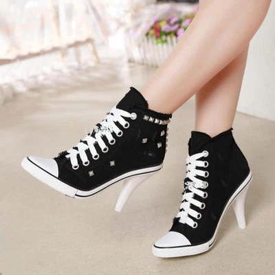 $45.99 • Buy New Lady's High Top High Heel Women Sneakers Pumps Lace Up Sport Shoes Canvas