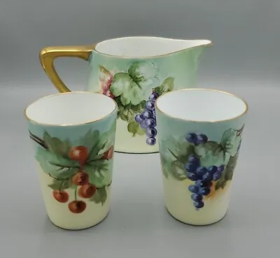 Antique H & C BAVARIA Drink Pitcher Cups Hand Painted Grapes And Leaves Cherries • $45