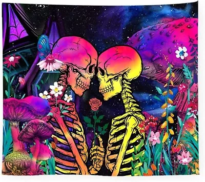 Blacklight Skull Tapestry Romantic Lovers Mushroom Floral Tapestries Skeleton • $9.99