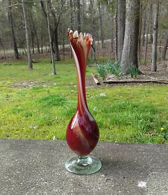 Vintage Mid Century Modern Art Glass Swung Bud Vase Red Amber White 13.5” H  • $39.99