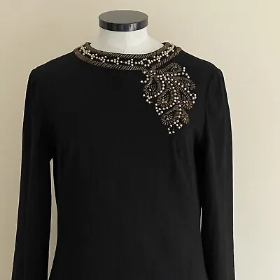 £39.99 • Buy LUISA SPAGNOLI VINTAGE DRESS 90s BLACK WOOL PEARL AND CRYSTAL DESIGN UK 8/10