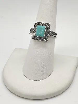 Turquoise & Marcasite Square Ring Vintage 925 Sterling Silver Sz 7 • $39.99