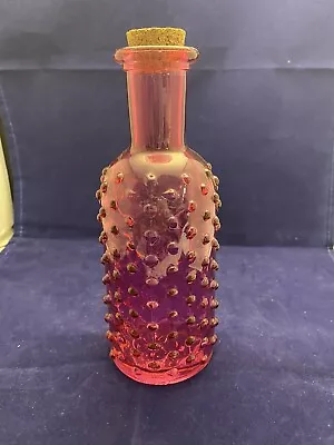 Hot Pink Hobnail/Bubble Glass Bottle With Cork 7.5 Inches Tall  • $10