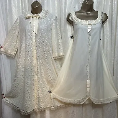 VTG M L Odette Barsa Bridal Ivory Peignoir Lace Set Robe Gown Nylon Babydoll  • $179.99