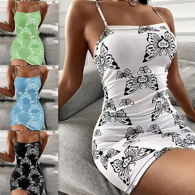 £9.99 • Buy Womens Butterfly Strappy Mini Dress Ladies Cami Bodycon Dresses Summer Sundress