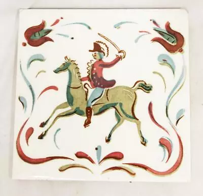 Vintage Ceramic Tile Hand Painted Green Horses Wheeler Tile • $10