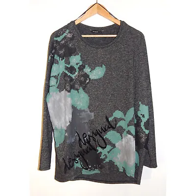 Desigual Women's Knit Sweater Jumper Top S L Turquoise Grey Black Velvet Logo  • $29.95