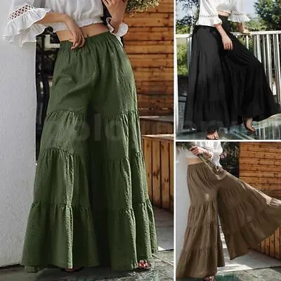 Women Tiered Layered Wide Leg Pants Casual Loose Palazzo Trousers Plus Size 8-24 • £14.72