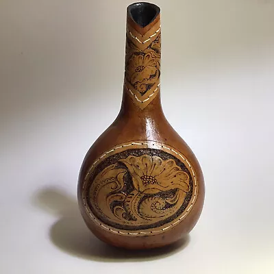 Vtg Hand Carved Gourd Vase Bulb Shape Painted Floral Carved 10” H Signed Light • $19.75