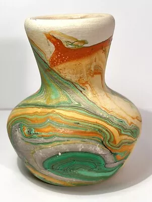 Vintage Nemadji Pottery Colorful Swirl 3.5  Inch Vase ~ Green Orange • $12.75