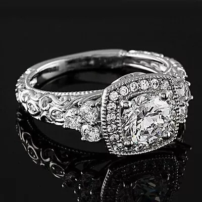 Cushion Style Halo 2.65 Ct H VS1 Round Cut Lab Created Diamond Engagement Ring • $3183