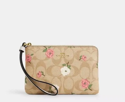 COACH Corner Zip Wristlet In Signature Canvas With Floral Print Gold Khaki • $41.65