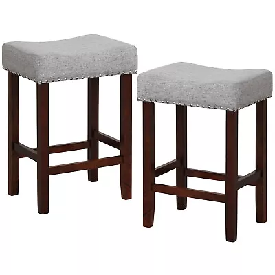 Set Of 2 Counter Height Saddle Kitchen Chairs Bar Stools W/ Wooden Legs Gray • $94.99