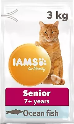 IAMS Complete Dry Cat Food For Senior 7+ Cats With Ocean Fish 3 Kg • £16.49