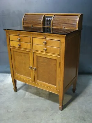 Rare Antique Walnut Medical Cabinet / Bar With Black Glass Top & Tambour Doors • $1195