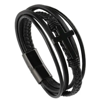 Men's Cross Multi Layer Stainless Steel Fashion Leather Bracelet Classic Gift • $10.95