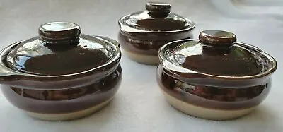 Vintage MONMOUTH POTTERY Stoneware Crock Bean Pot W/Lid Preowned Set Of Three • $49.99