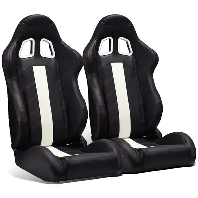 2 X Universal Black PVC Leather/White Strip/Red Stitch Left/Right Racing Seats • $306.50