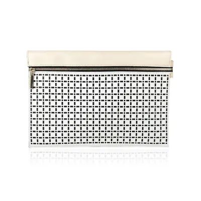 Victoria Beckham Black & White Large Laser Cut Leather Contrast Moonshine Clutch • $316.41